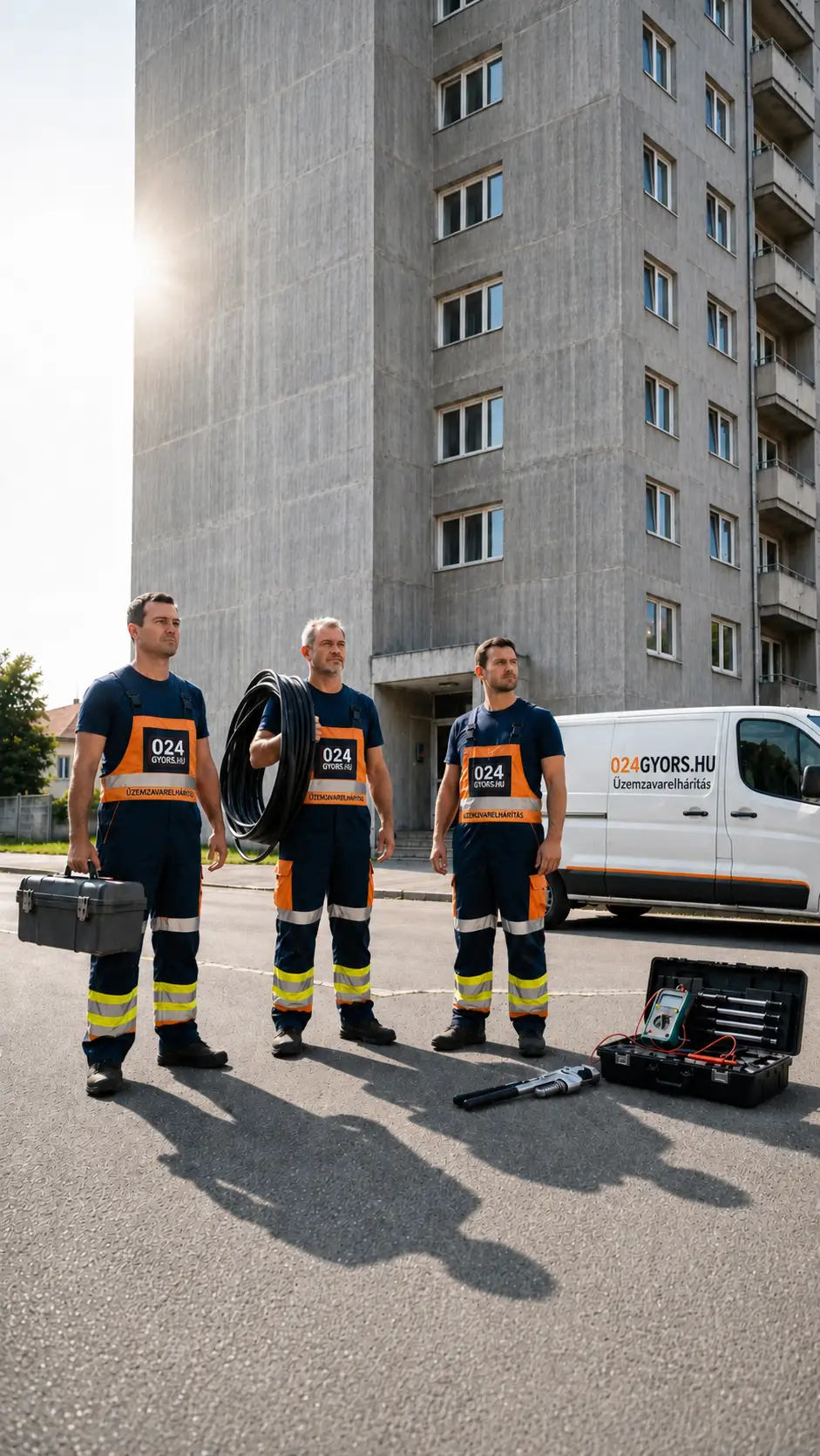 Éjjel-Nappal Holding Kft. üzemzavarelhárítás, gyorsszolgálat csapata budapesti társasház elött