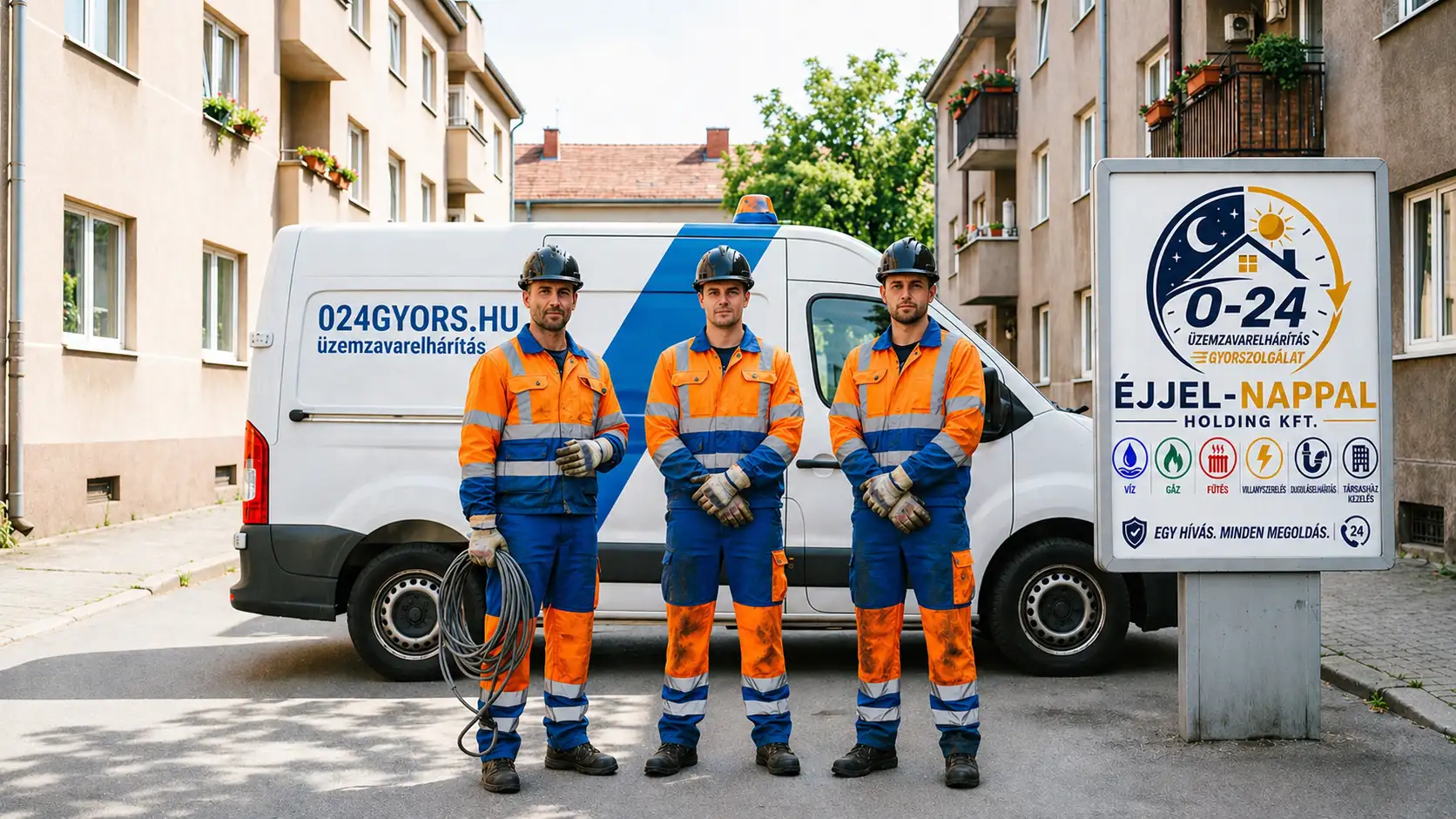Az Éjjel-Nappal Holding Kft. 0-24 üzemzavarelhárító szakemberei és flottás szervizautója egy budapesti társasház előtt