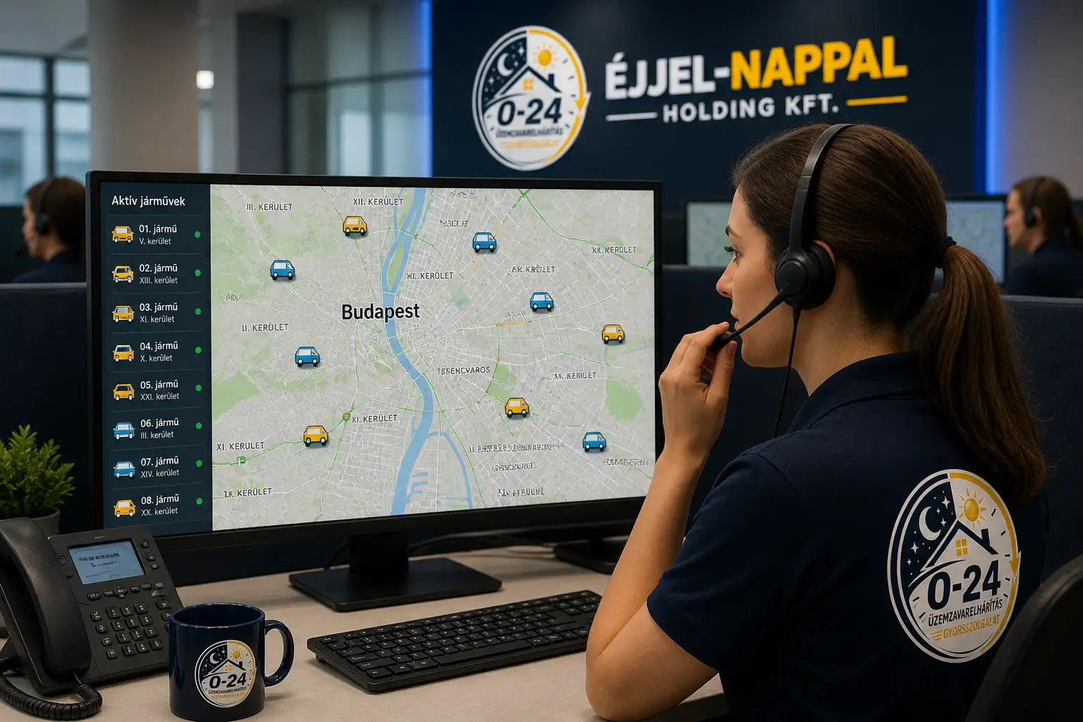 Az Éjjel-Nappal Holding Kft. 0-24 órás diszpécserközpontja, ahol élőben követik a szervizautók helyzetét Budapest minden kerületében a gyors kiszállás érdekében
