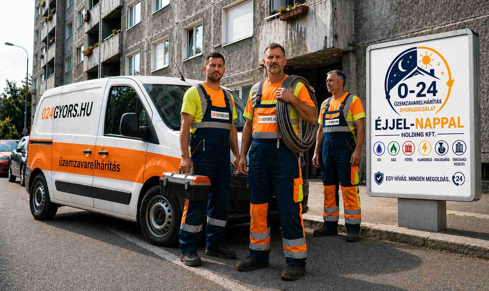 Éjjel-Nappal Holding Kft. szakképzett szerelői és flottás szervizautója egy budapesti társasház előtt