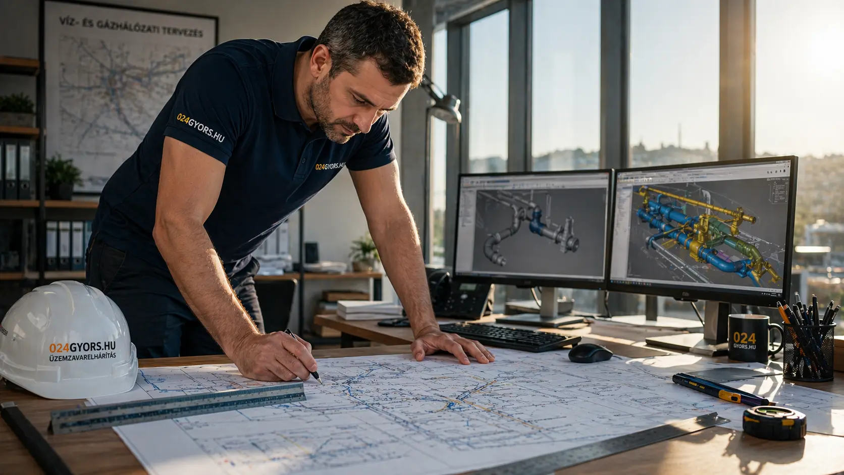 Az Éjjel-Nappal Holding Kft. tapasztalt épületgépész mérnöke tervrajzokat és 3D hálózati modelleket egyeztet egy komplex kivitelezési munka előkészítése során.