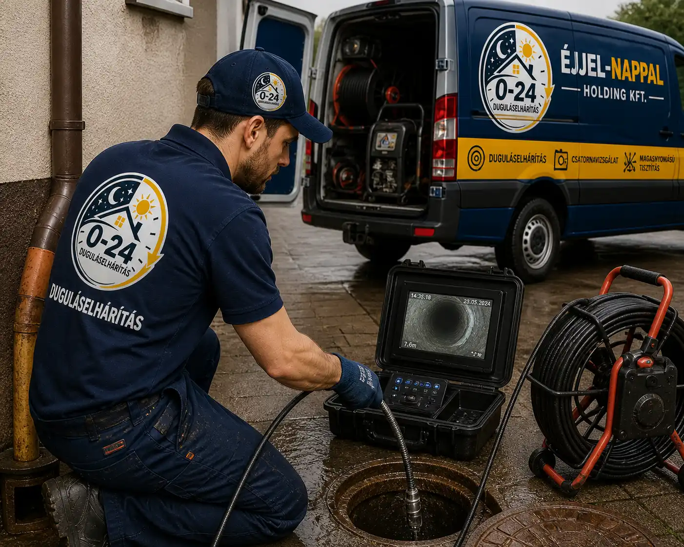 Az Éjjel-Nappal Holding Kft. szakembere kamerás csatornavizsgálatot végez professzionális diagnosztikai eszközzel egy duguláselhárítás során